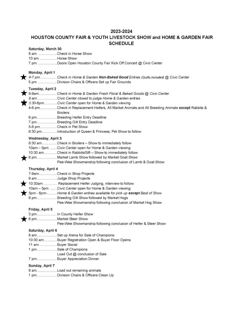 Fair Schedule Houston County Fair & Youth Livestock Association